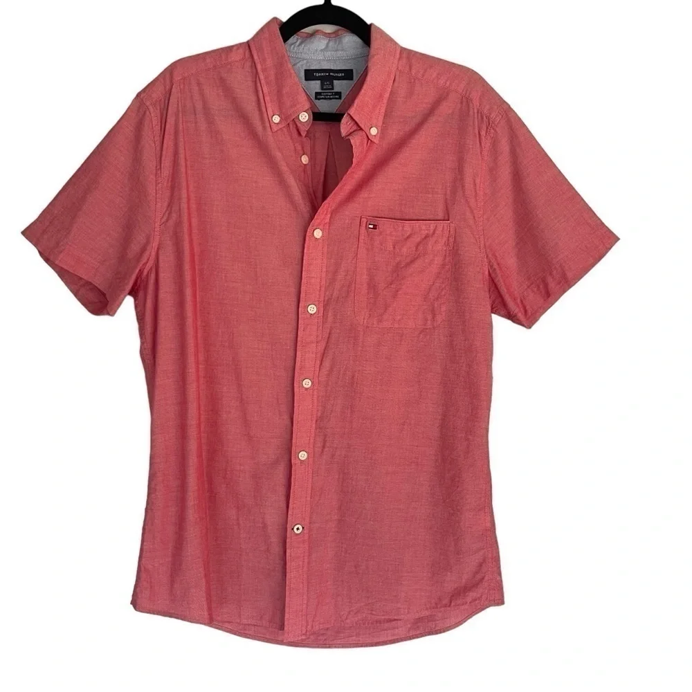 Tommy Hilfiger 100% Cotton Button Down Short Sleeve Shirt Size L Custom Fit
